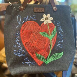 NWT Brighton Amore Heart Embroidered Blue Denim Bag Adjustable Removable Strap